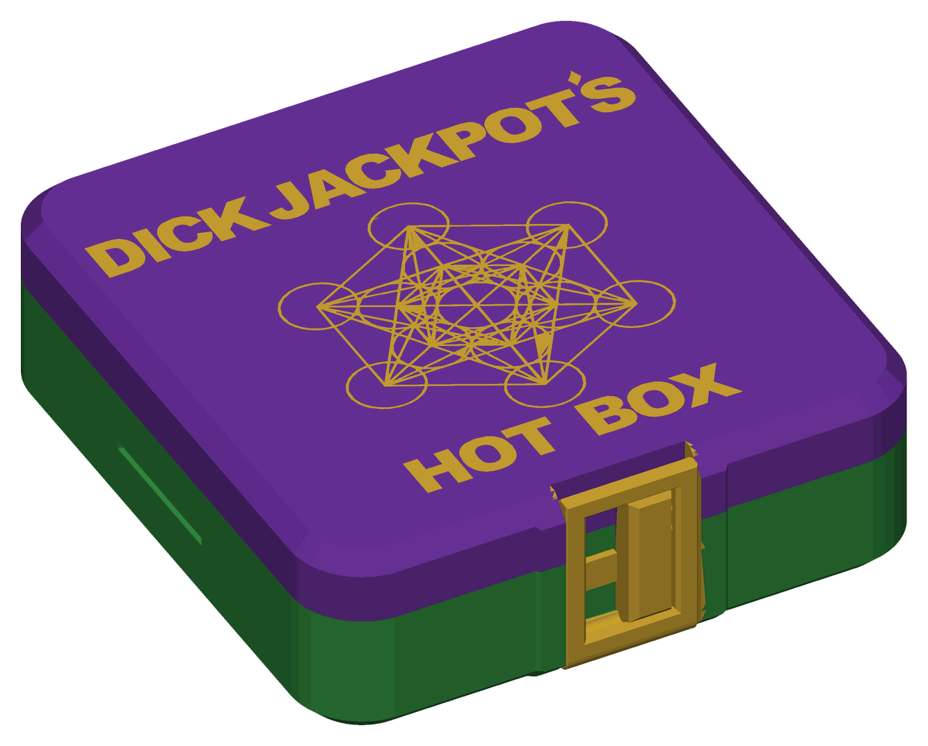 The new Hot Box, closed: purple lid with gold Metatron's Cube art, green base, gold clasp